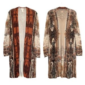 Chico’s L Regal Paisley Boho Tan Burnt Orange Open Front Duster Cardigan Size 2